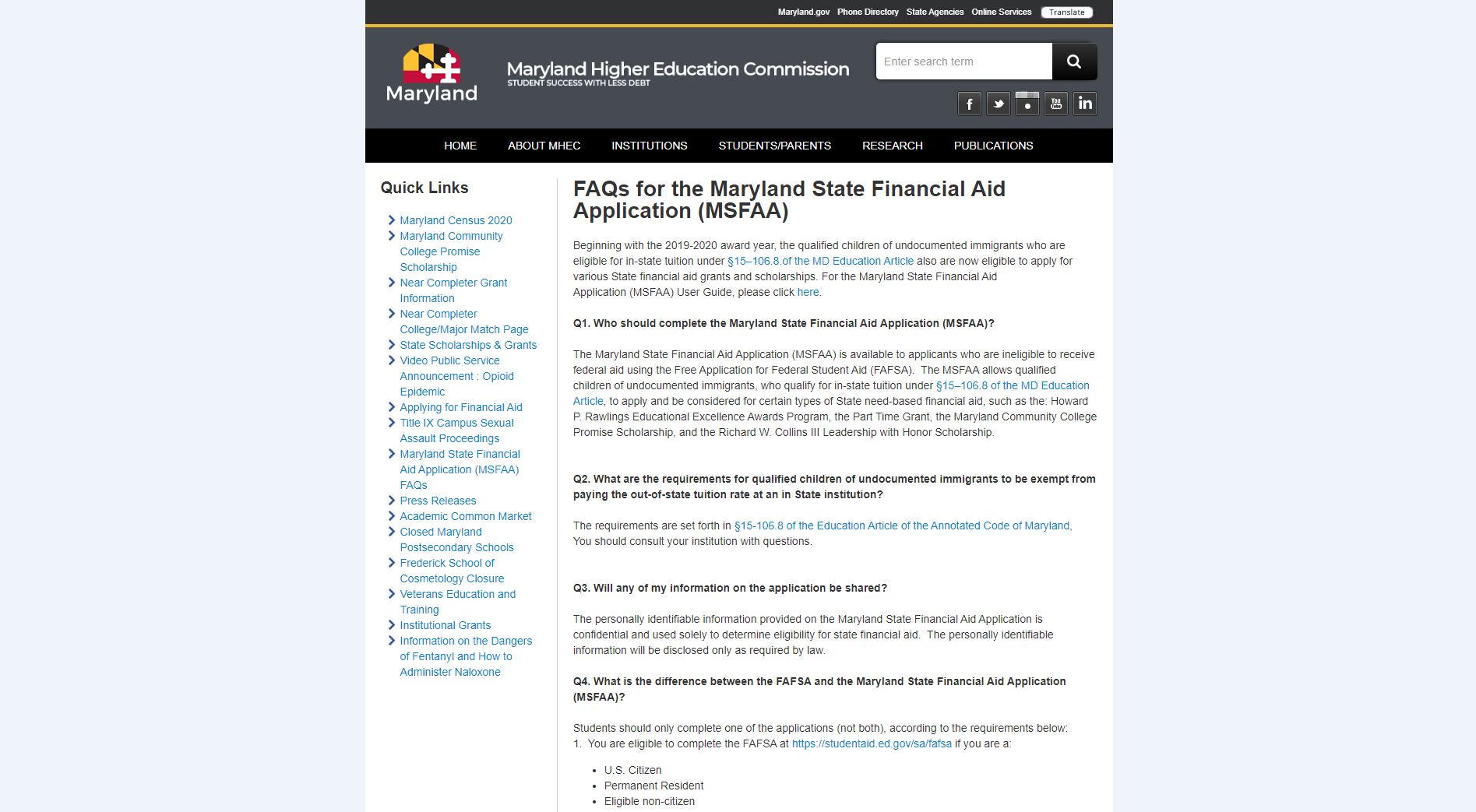 Maryland State Financial Aid Application Website