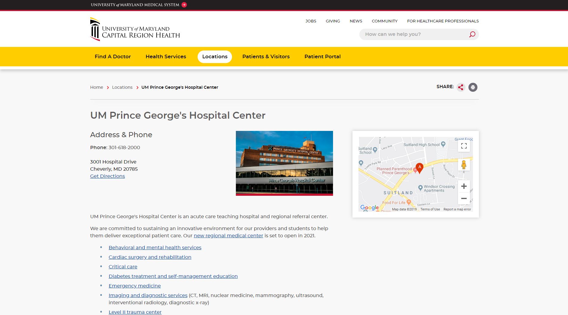 University of Maryland Prince Georges Hospital Center Website