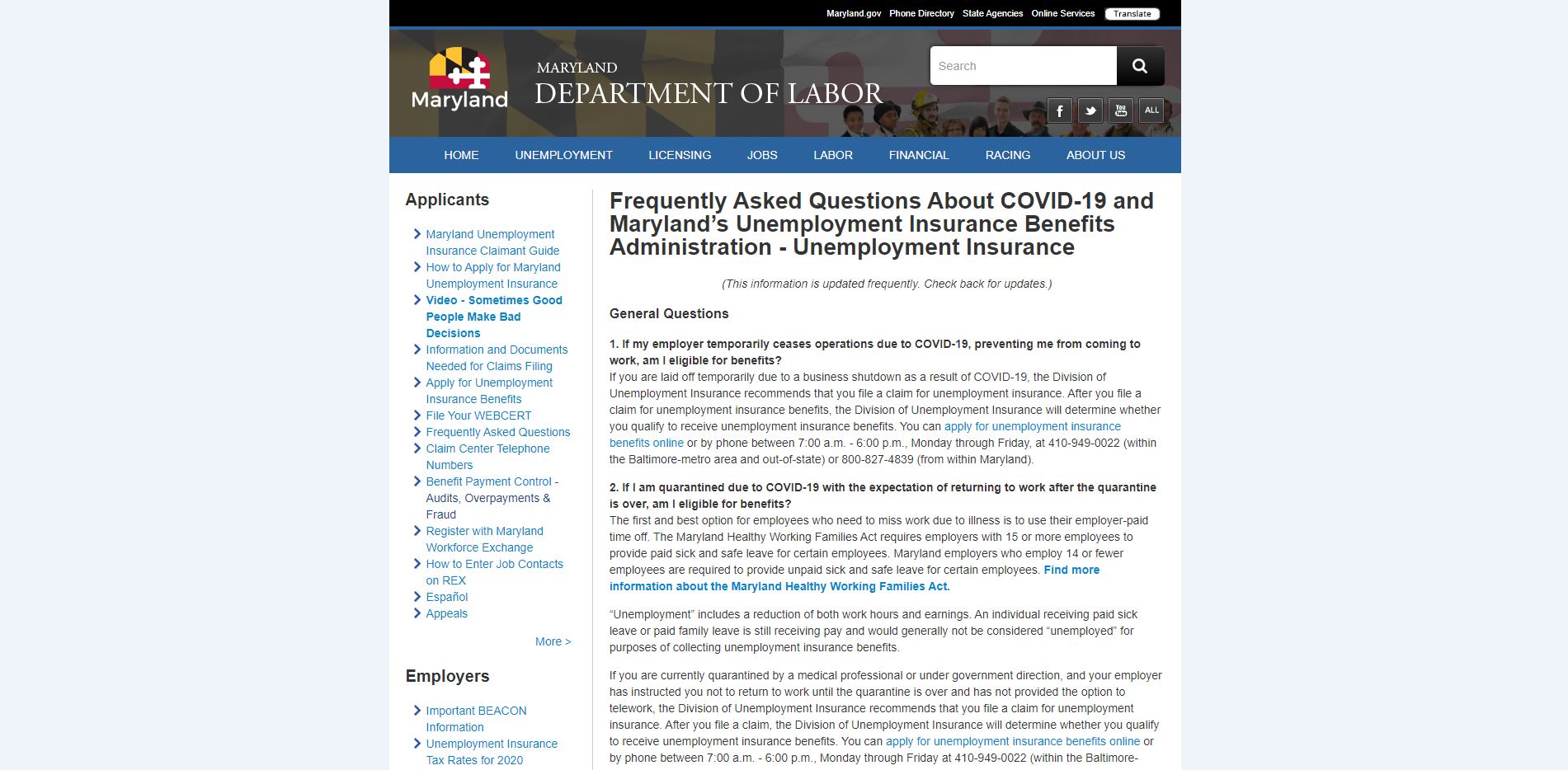 Maryland Department of Labor COVID-19 Website